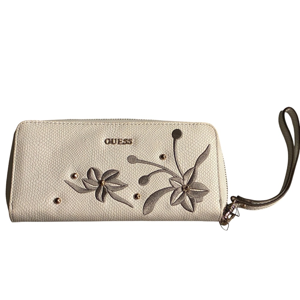 Guess Cream Snakeskin Floral Embroidered Zip Around Wristlet Wallet Gold Studs